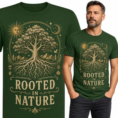 Koszulka męska „Rooted in Nature” - drzewo życia z korzeniami, słońcem i księżycem