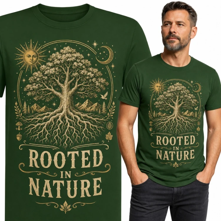Koszulka męska „Rooted in Nature” - drzewo życia z korzeniami, słońcem i księżycem