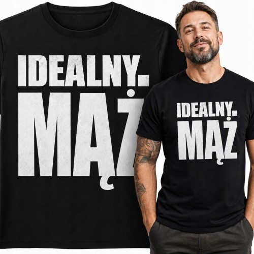 Koszulka męska dla męża „Idealny. Mąż” - czarna z białym nadrukiem