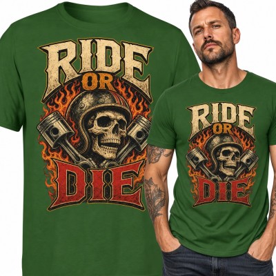 Koszulka męska motocyklowa „Ride or Die” - czaszka w kasku z tłokami