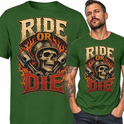 Koszulka męska motocyklowa „Ride or Die” - czaszka w kasku z tłokami