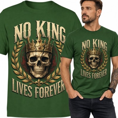 Koszulka męska z czaszką w pękniętej koronie „No King Lives Forever”