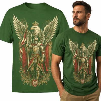 Koszulka męska rycerz z kopią i orłem w koronie - patriotyczny wzór z godłem