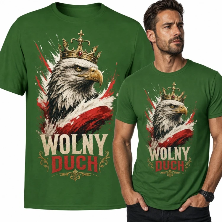 Koszulka męska z orłem w koronie i napisem „Wolny duch” - patriotyczny wzór biało-czerwony
