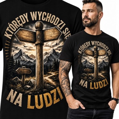 Koszulka męska z górskim drogowskazem „Którędy wychodzi się na ludzi” - czarna