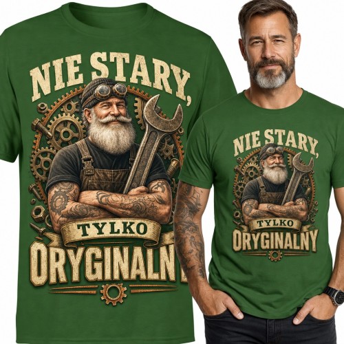 Koszulka męska „Nie stary, tylko oryginalny” - brodaty mechanik z kluczem