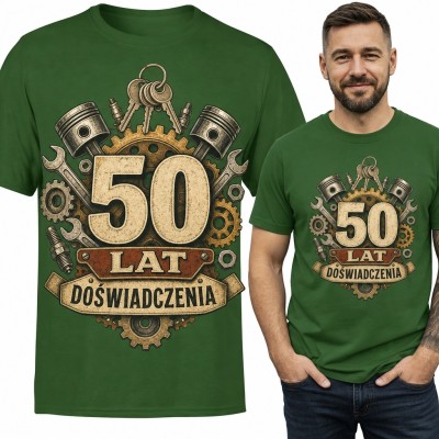 Koszulka męska na 50 urodziny „50 lat doświadczenia” dla mechanika z tłokami i kluczami