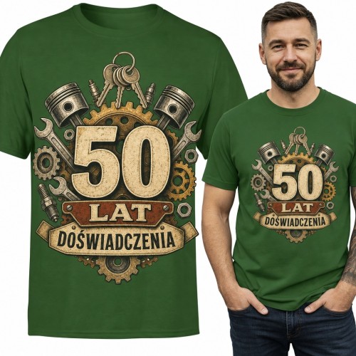 Koszulka męska na 50 urodziny „50 lat doświadczenia” dla mechanika z tłokami i kluczami