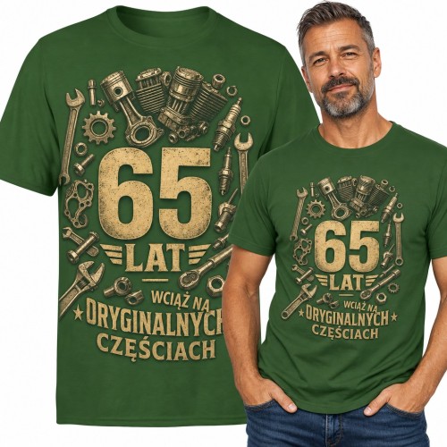 Koszulka męska na 65 urodziny „65 lat wciąż na oryginalnych częściach” - silnik i klucze