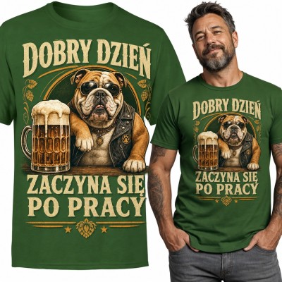 Koszulka męska buldog z piwem „Dobry dzień zaczyna się po pracy”