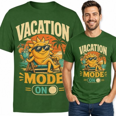 Koszulka męska „Vacation mode on” - uśmiechnięte słońce na leżaku z drinkiem