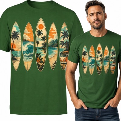 Koszulka męska z deskami surfingowymi - tropikalne fale, palmy i kamper w stylu retro