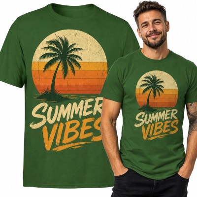 Koszulka męska „Summer vibes” - palma na tle zachodu słońca w stylu retro