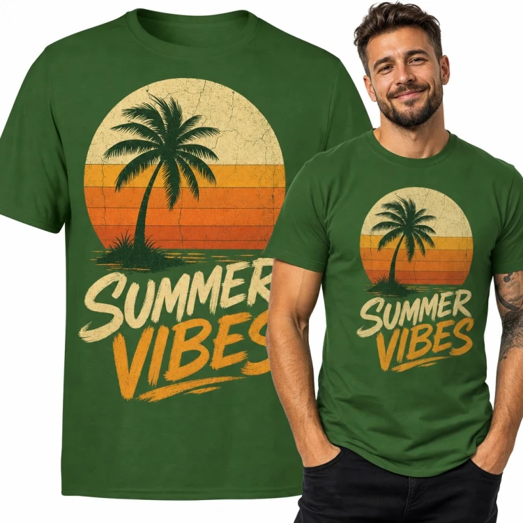 Koszulka męska „Summer vibes” - palma na tle zachodu słońca w stylu retro