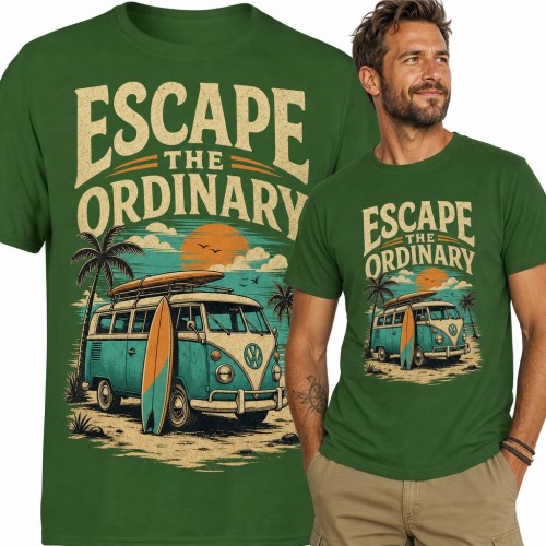 Koszulka męska „Escape the Ordinary” - retro bus z deskami surfingowymi