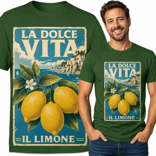 Koszulka męska „La dolce vita” - retro plakat z cytrynami i włoskim wybrzeżem