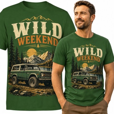Koszulka męska „Wild Weekend” - retro terenówka 4x4 w górach nad jeziorem