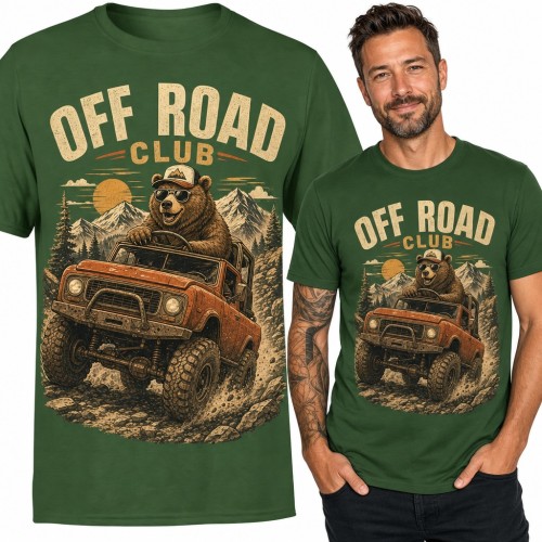 Koszulka męska „Off Road Club” - niedźwiedź za kierownicą terenówki 4x4
