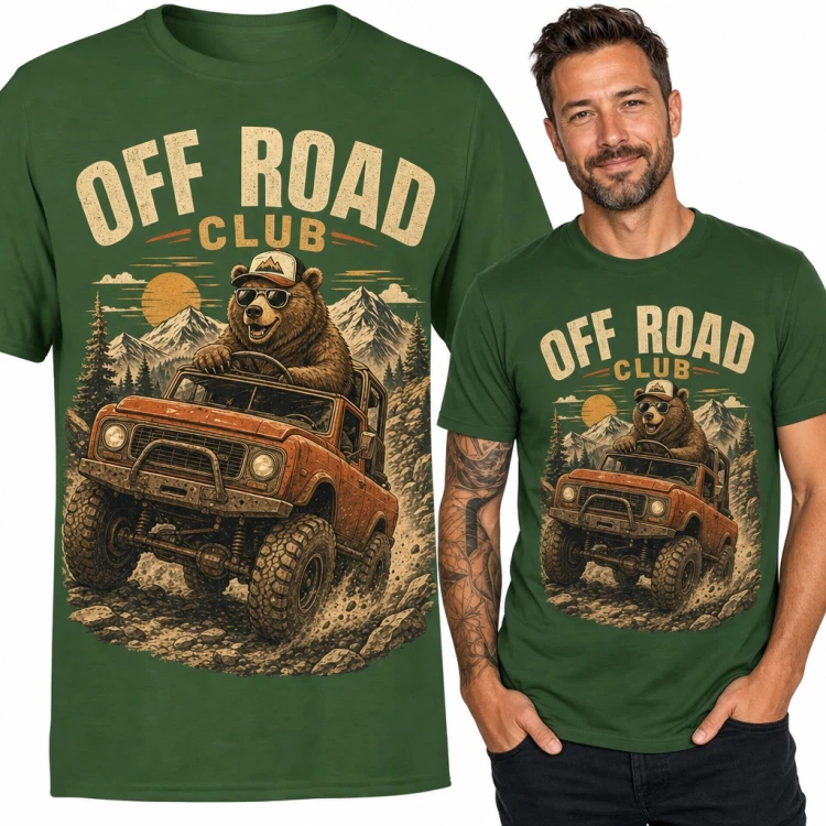 Koszulka męska „Off Road Club” - niedźwiedź za kierownicą terenówki 4x4