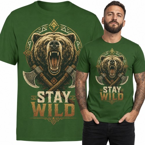 Koszulka męska z niedźwiedziem grizzly i toporami „Stay wild”