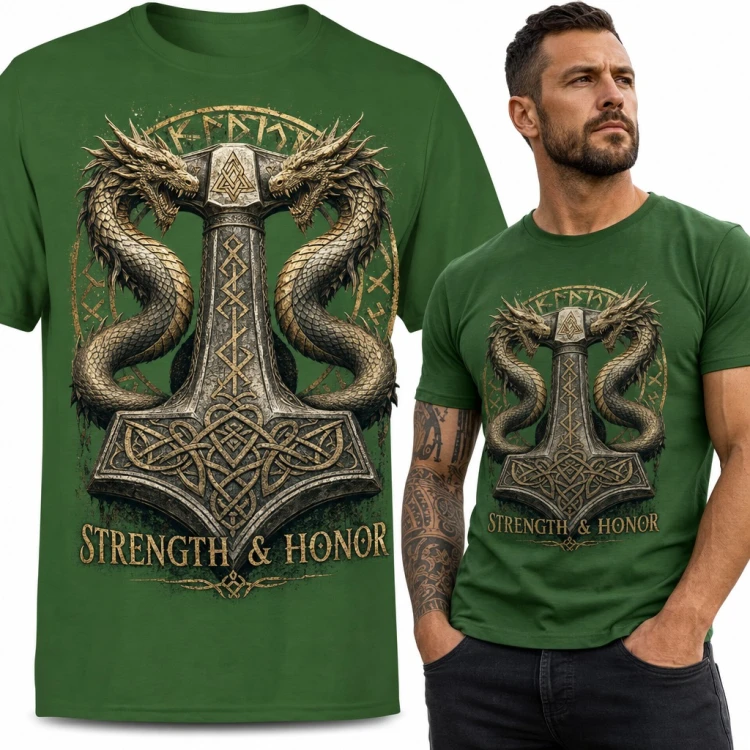 Koszulka męska z młotem Thora i smokami - „Strength &amp; Honor”