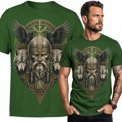 Koszulka męska Odyn z krukami i wilkami - wiking z symbolem Valknut
