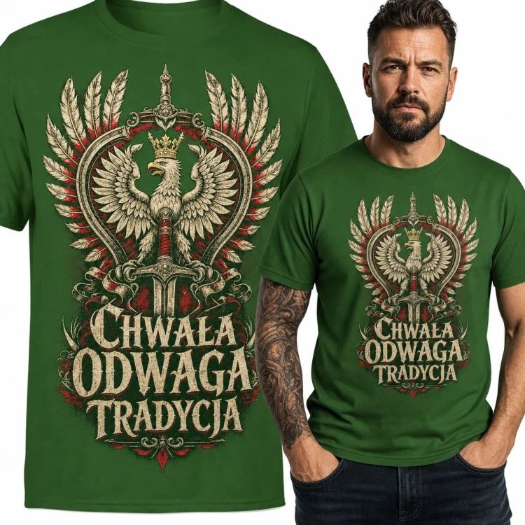 Koszulka męska patriotyczna „Chwała Odwaga Tradycja” - orzeł w koronie z mieczem i husarskimi skrzydłami