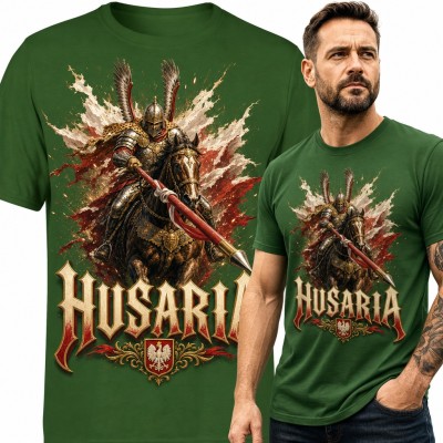 Koszulka męska „Husaria” - husarz na koniu ze skrzydłami i godłem Polski