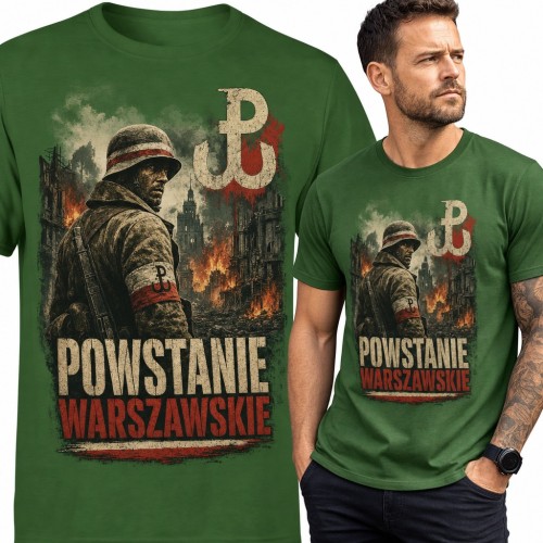 Koszulka męska „Powstanie warszawskie” - powstaniec z opaską i znak Polski Walczącej