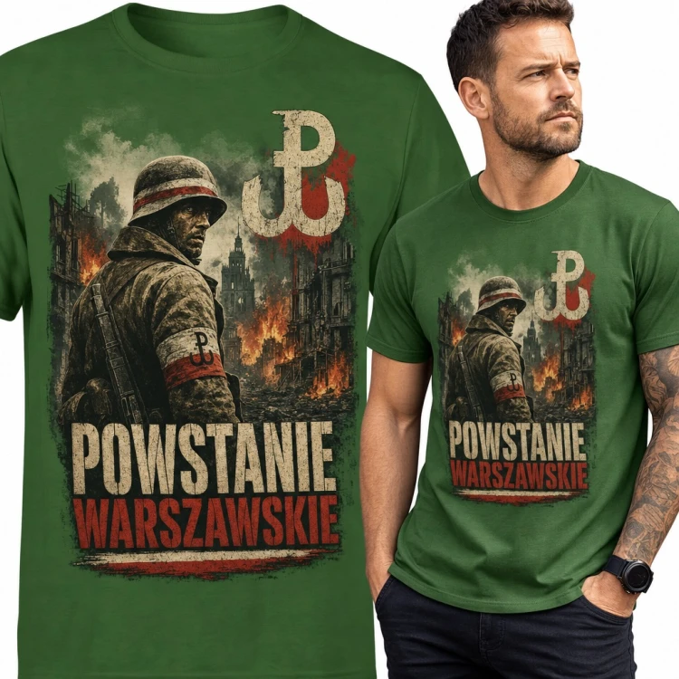 Koszulka męska „Powstanie warszawskie” - powstaniec z opaską i znak Polski Walczącej