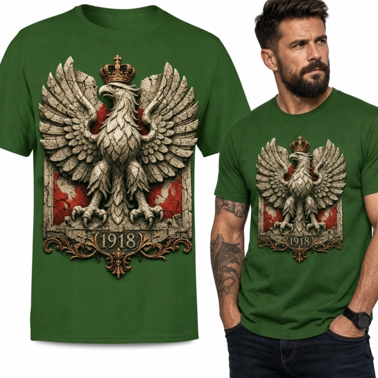Koszulka męska z orłem w koronie i datą „1918” - kamienne godło niepodległości