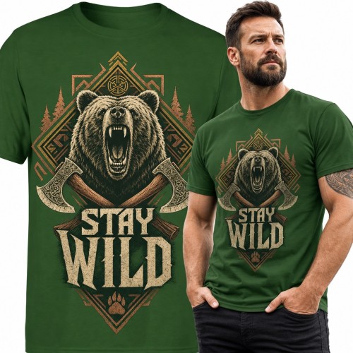 Koszulka męska z niedźwiedziem i toporami „Stay Wild” - motyw outdoor