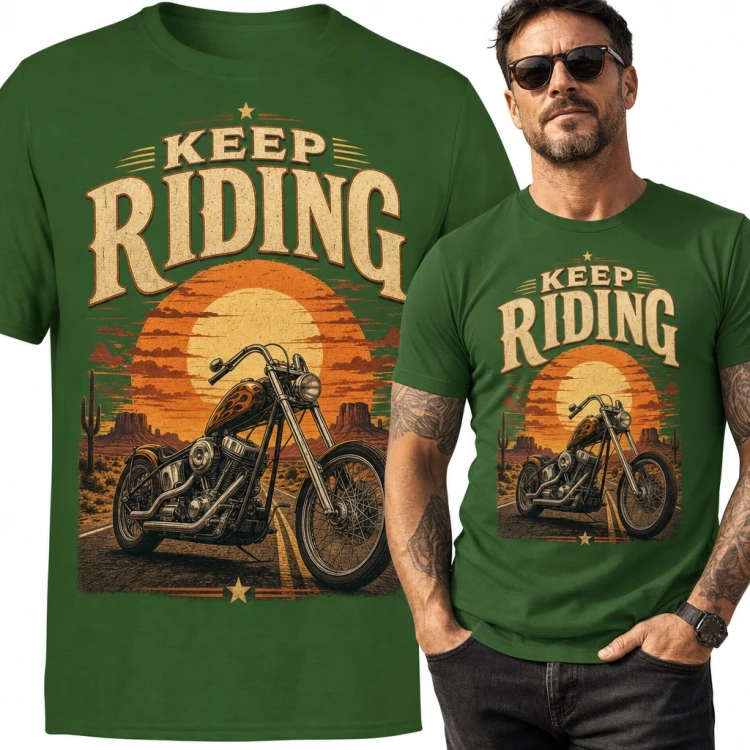 Koszulka męska „Keep Riding” - chopper na pustynnej drodze dla motocyklisty