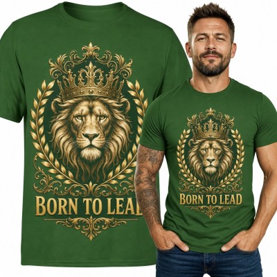 Koszulka męska ze złotym lwem w koronie „Born to lead” - prezent dla szefa
