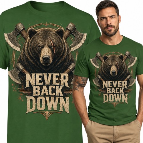 Koszulka męska „Never back down” - niedźwiedź grizzly ze skrzyżowanymi toporami