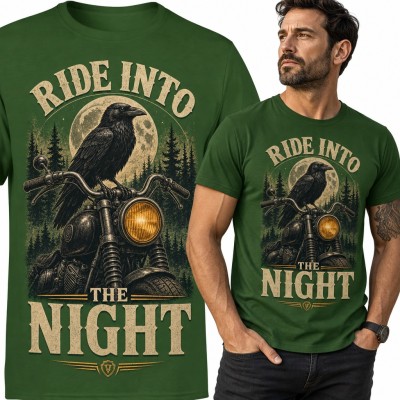 Koszulka męska „Ride into the night” - kruk na motocyklu przy pełni księżyca