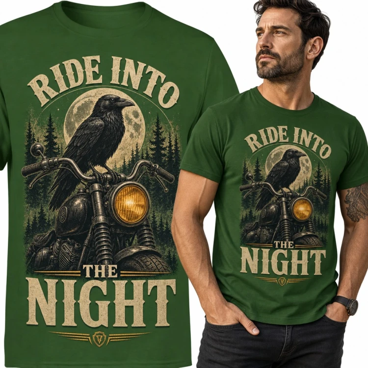 Koszulka męska „Ride into the night” - kruk na motocyklu przy pełni księżyca