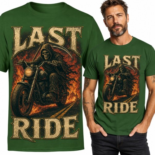 Koszulka męska „Last Ride” - kostucha na chopperze w płomieniach dla motocyklisty