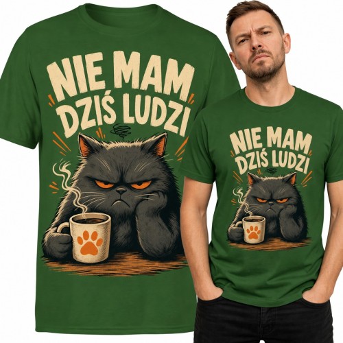 Koszulka męska „Nie mam dziś ludzi” - zły kot z kubkiem kawy dla introwertyka