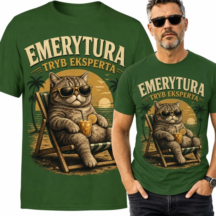 Koszulka męska „Emerytura tryb eksperta” - kot w okularach na leżaku z drinkiem