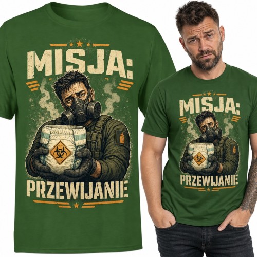 Koszulka męska „Misja: Przewijanie” - tata w masce gazowej z pieluchą