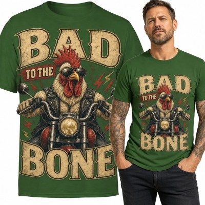 Koszulka męska „Bad to the bone” - kogut biker na motocyklu dla motocyklisty