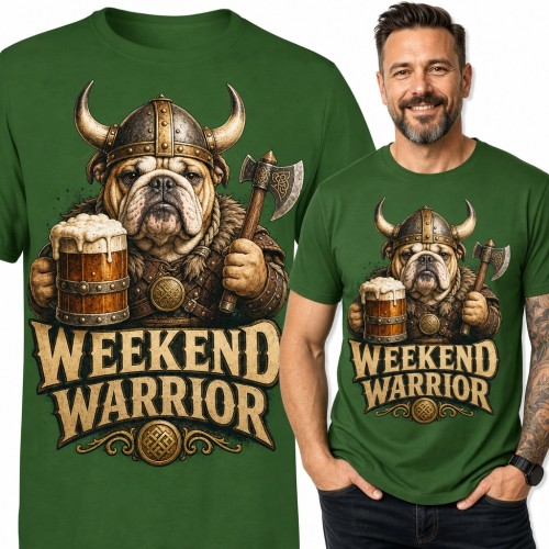 Koszulka męska buldog wiking z piwem i toporem - „Weekend warrior”