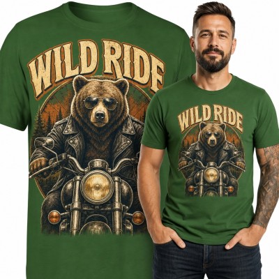Koszulka męska „Wild Ride” - niedźwiedź na motocyklu dla motocyklisty