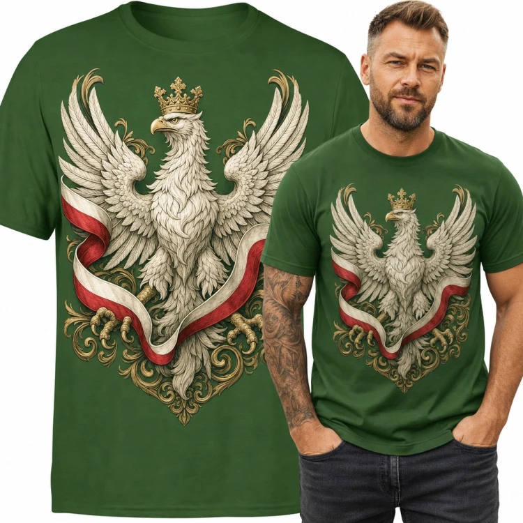 Koszulka męska z orłem w koronie i biało-czerwoną wstęgą - dla patrioty