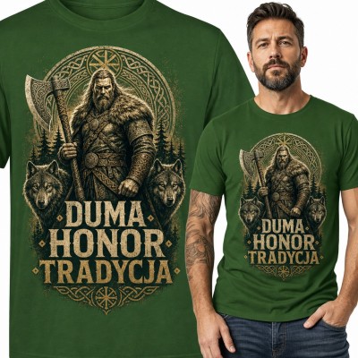 Koszulka męska wiking z toporem i wilkami „Duma honor tradycja”
