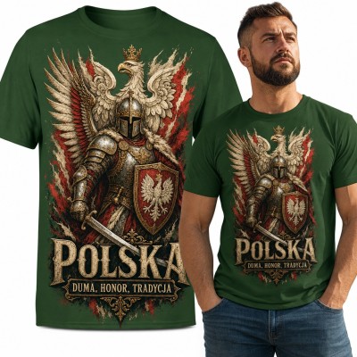 Koszulka męska patriotyczna „Polska - duma, honor, tradycja” z rycerzem i orłem