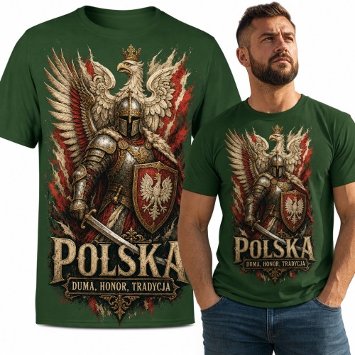 Koszulka męska patriotyczna „Polska - duma, honor, tradycja” z rycerzem i orłem
