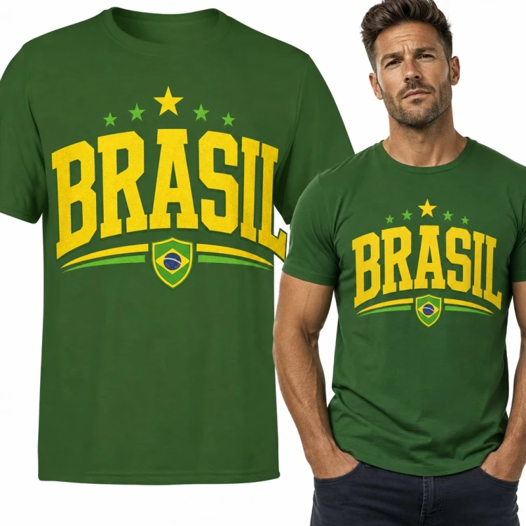 Koszulka męska „Brasil” - flaga Brazylii w tarczy i gwiazdy dla kibica