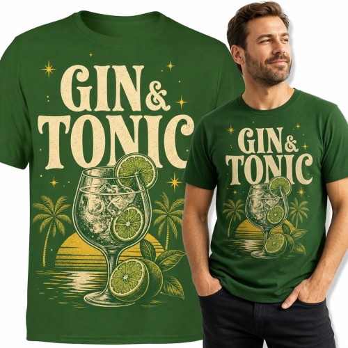 Koszulka męska „Gin &amp; Tonic” - drink z limonką i palmy o zachodzie słońca